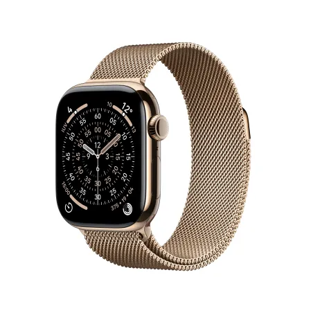 Apple Watch Series 11 (GPS + Cellular), 42 mm, Gehäuse Edelstahl Gold, Milanaise-Armband Gold (Einheitsgröße)